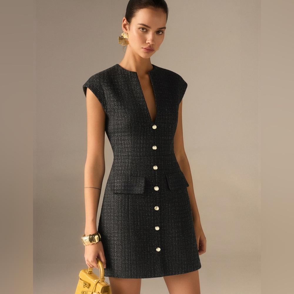 Commense Black Tweed Dress with Gold Accents